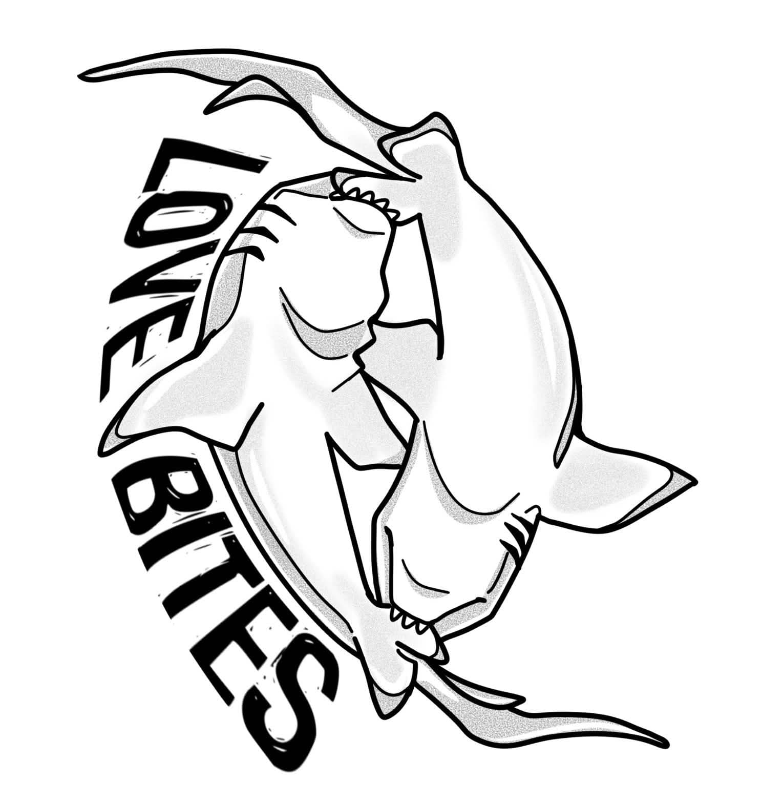 art of two sharks in a circular spin biting each other's tail fins